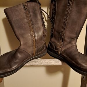 "BORN"  Brown leather mid rise boots. Sz 7.5. Stylish leather laces. $24.